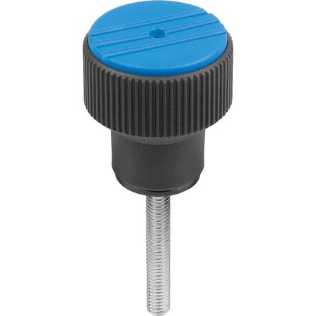 KIPP Torque Knurled Knob Size:2 D=M06X50, Thermoplastic Black Ral7021, Comp:Steel, Cap:Blue Ral5017 K0277.2063X50